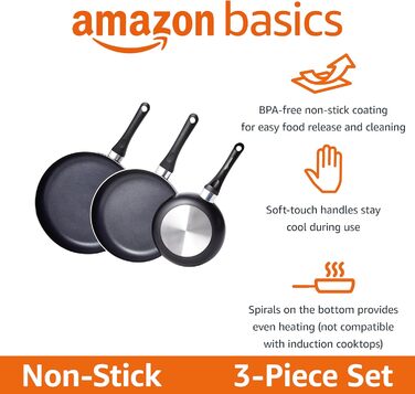 Набір сковорідок Amazon Basics з антипригарним покриттям, 3 шт (20/25/30 см), чорний