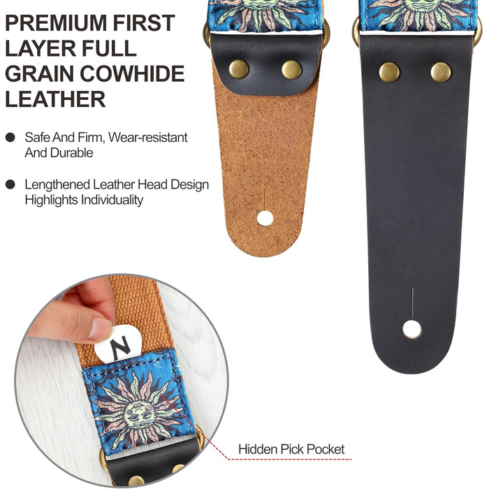 Гітарний ремінь Nefelibata, вишитий бавовняний ремінь з шкіряними кінцями, для бас-гітари, електро- та акустичної гітари, безкоштовний фіксатор, 1 пара застібок, 4 шт. (Блакитне сонце)