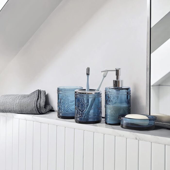 Bathroom accessory set made of heavy blue glass with decorative pressed pattern – includes soap dispenser, tumbler, soap dish, and toothbrush holder (blue)