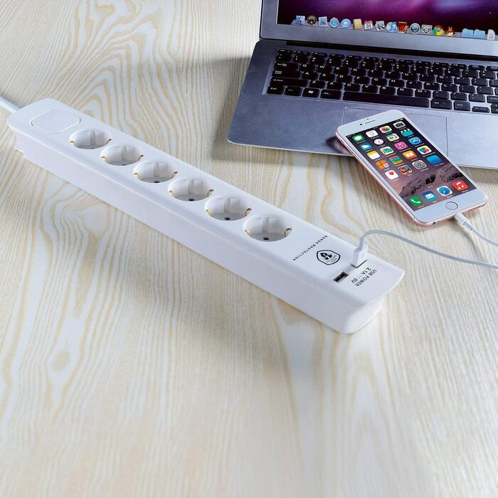 Стрічка розеток FeinTech MD000632 6-fach з USB, захистом від перенапруги, 3680 Вт, біла, 1.5 м