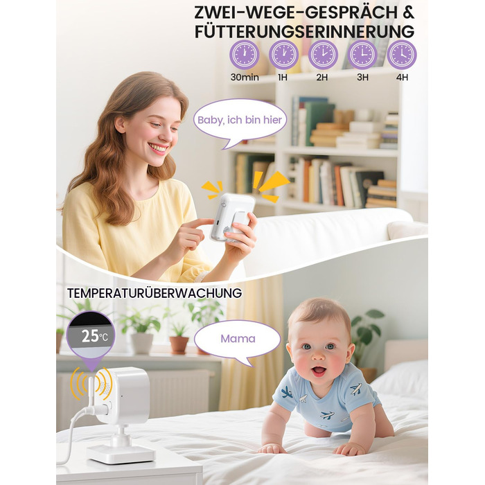 Дитячий відеоняня OBVHNUA з камерою 720p IPS, 2.8' екраном, акумулятором 2000mAh, цифровим зумом, функцією VOX, двостороннім аудіо, нічним баченням, контролем температури та колисковою