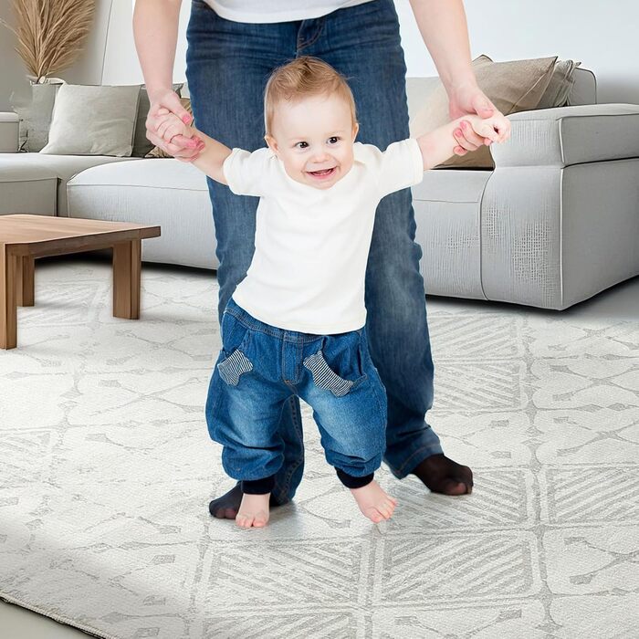 Килим Leesentec для вітальні та спальні: геометричний, антиковзаючий, короткий ворс, бежевий та білий (слонова кістка), розміри 80x120 см та 200x250 см