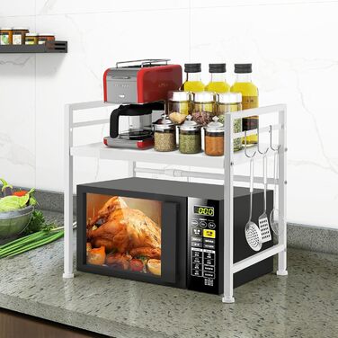 Розширювана підставка для мікрохвильової печі 2-ярусна, органайзер з вуглецевої сталі, кухонна полиця з 10 гачками для тостера та аірфрая (білий)