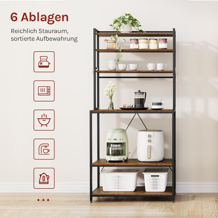 Стелаж кухонний WOLTU з 6 полицями, металевий з інженерної деревини, 60x167x40 см, коричневий+чорний