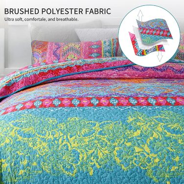 Qucover Boho Bedspread 220x240cm Duvet Cover for Double Bed Quilted Blanket with 2 Pillows Indian Style Boho-3 220x240cm+50x75cm x2