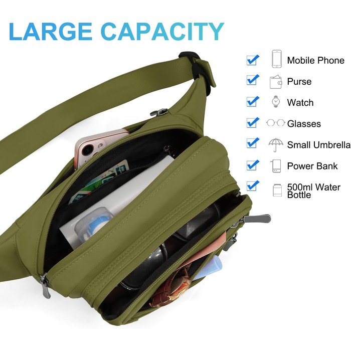 Гірчатка на пояс для жінок та чоловіків, водовідштовхуюча, з тримачем для пляшки, універсальна, для піших прогулянок, прогулянок з собакою, активного відпочинку (зелена)