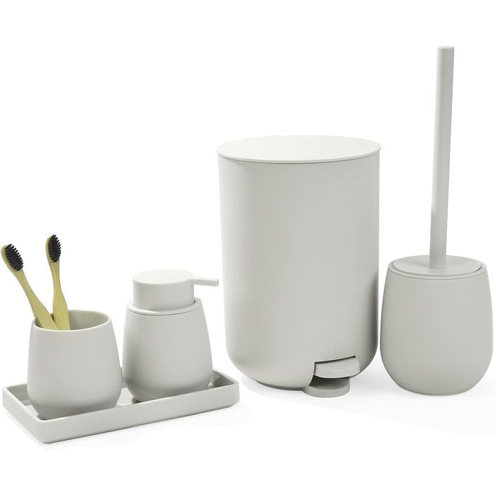 GAHEFY Badset Badezimmer Zubehör Set Beige, Badausstattung Sets Deko, 5-teiliges Bad Set - Seifenspender, Zahnbürstenhalter, Schminktablett, Klobürste und Mülleimer Set für Bad (Beige)