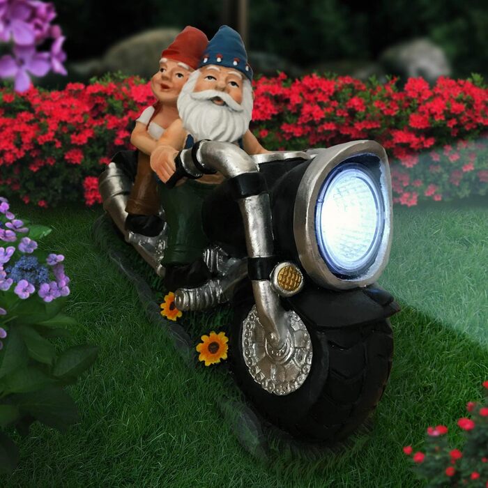 CT DISCOUNT STORE Biker Garden Gnomes Pair on Motorcycle - Outdoor Cute Figurine Motorcycle Statues, Garden Gnome Outdoor, Biker Pair in Love, Make Your House and Garden More Fun, Great Gift