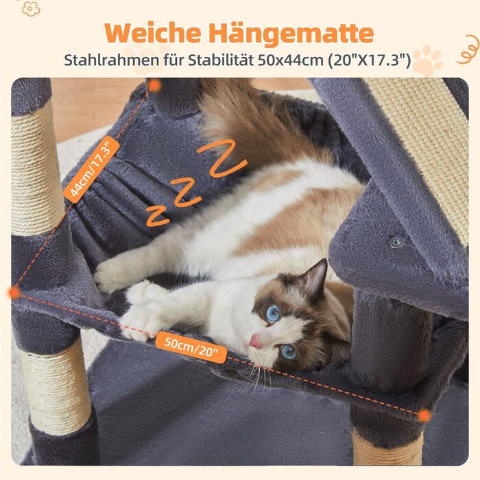 Дерев'яний комплекс для котів Taoqimiao MS026W (темно-сірий, 146 см) з будиночками, гамаком та 8 стовпчиками для шліфування кігтів