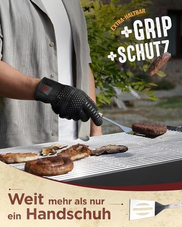 HORUS 23 Набір аксесуарів для гриля – 4 предметний набір: щипці, лопатка, виделка та термостійкий рукавичка