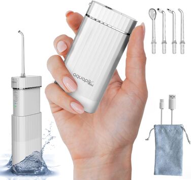 Портативна бездротова іригатор Aquapik® Mini | Іригатор для імплантів та брекетів | Бездротовий, водонепроникний IPX7, 1200 імпульсів/хв, 21 день роботи від акумулятора, 4 насадки (білий)