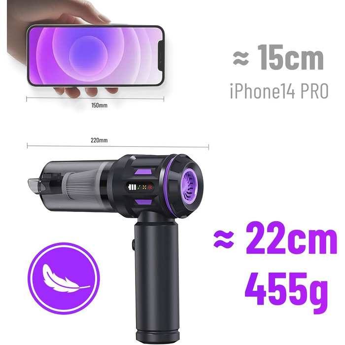 Акумуляторний портативний пилосос 18000 Па для авто та дому, USB-C, 6000mAh, чорно-фіолетовий