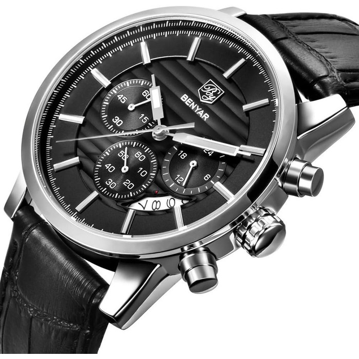 Годинник чоловічий Benyar кварцовий з хронографом, водостійкий, з нержавіючої сталі, чорний шкіряний ремінець, для бізнесу, спорту та відпочинку