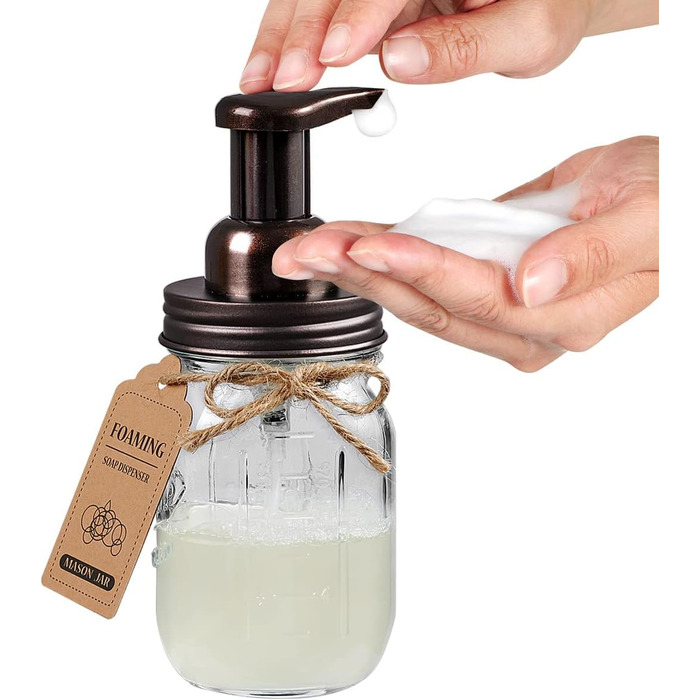 Mason Jar Bathroom Accessory Set, 4 Piece, Foaming Soap Dispenser & 2 Qtip Holders & Toothbrush Holder, Rustic Farmhouse Decor, Apothecary Glass, Countryside Countertop (Black) (Farmhouse, Bronze)