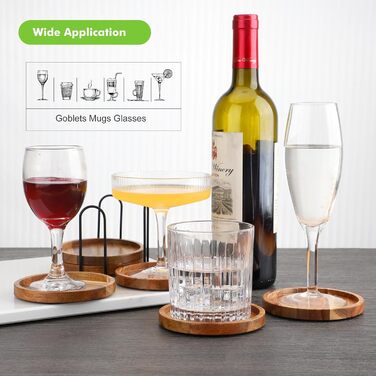 Acacia wood coasters with holder, wooden coaster set for glasses (6-piece), coasters for drinks, bar, cups, glass