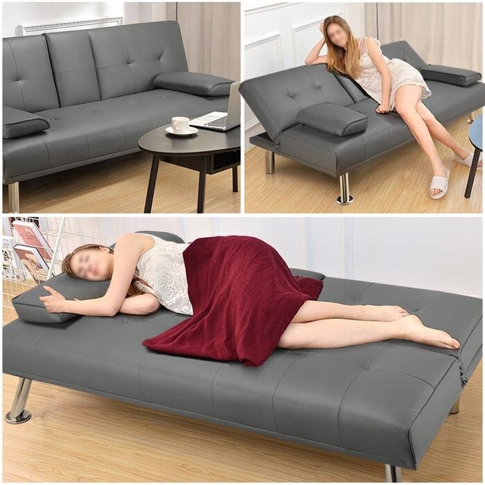 Yaheetech 3-Seater Convertible Sofa Bed with Cup Holders and Reclining Backrest