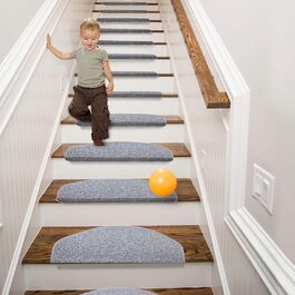 Rina Non-Slip Stair Treads - 15 Piece Set - 22x65 cm - Grey Adhesive Anti-Slip Rugs for Wooden Stairs - Indoor Safety