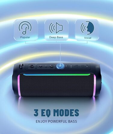 Ortizan Bluetooth колонка з LED підсвіткою, 40 Вт, IPX7 водонепроникна, 30 год роботи, чорна