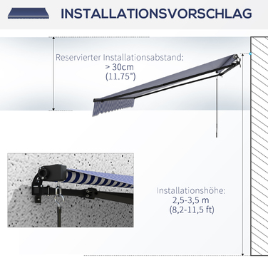Outsunny Awning 4x3m Wall Mount Balcony Awning with Hand Crank, Sun Protection, Aluminum, Blue+White | Aosom