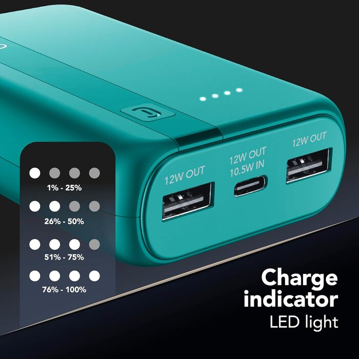 Power Bank Cellularline 20000 mAh з USB-C та 2x USB-A, LED-індикатор, Зелений