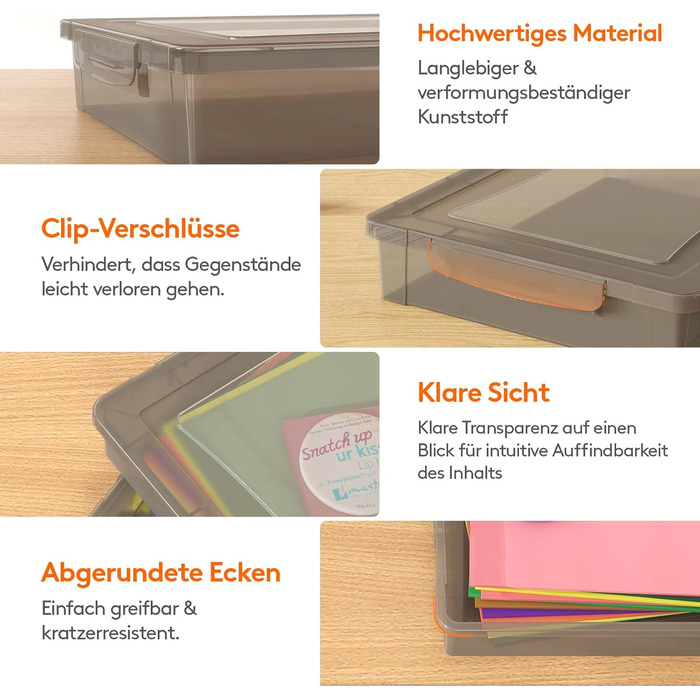 Lifewit 5L Storage Box with Lid, Plastic Box with Clip Closures, Document Box A Organizer, Multi-Purpose Boxes for Crafts, Paper, Art Supplies, Building Blocks, Tools (Gray, 4)