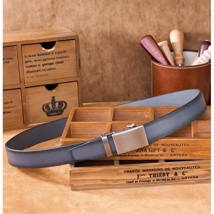 Чоловічий шкіряний ремінь VRLEGEND з автоматичною застібкою (ратинг) без дірок для ділового костюма, розмір регулюється, з подарунковою коробкою, сірий