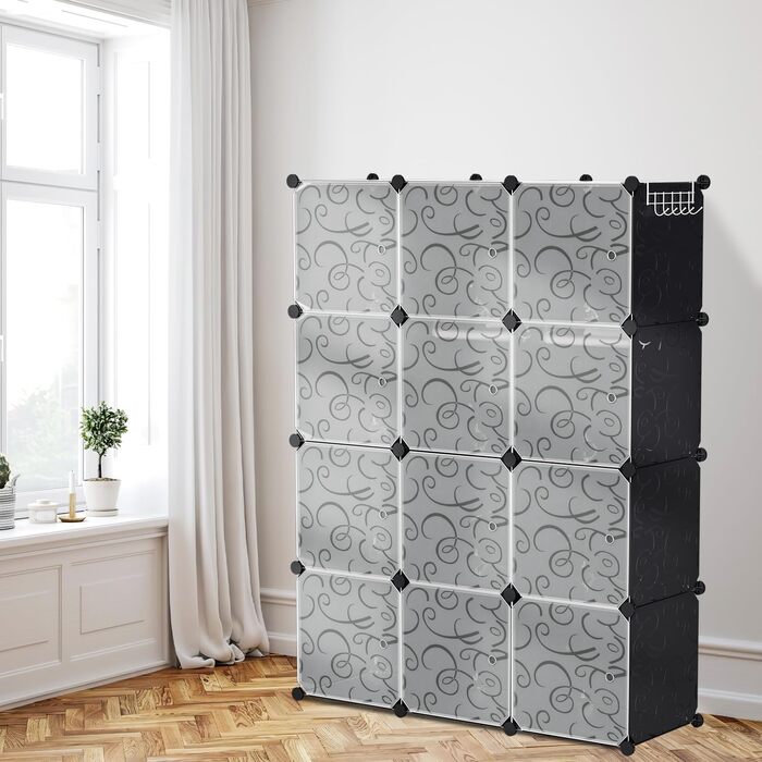 DIY Closet Shelf System, 16 Cubes Wardrobe Closet, Open Wardrobe, Plastic Wardrobe with Doors, Wardrobe Cabinet, Black, 180 x 142 x 37CM (Black 12 Cubes with Clothes Hooks)