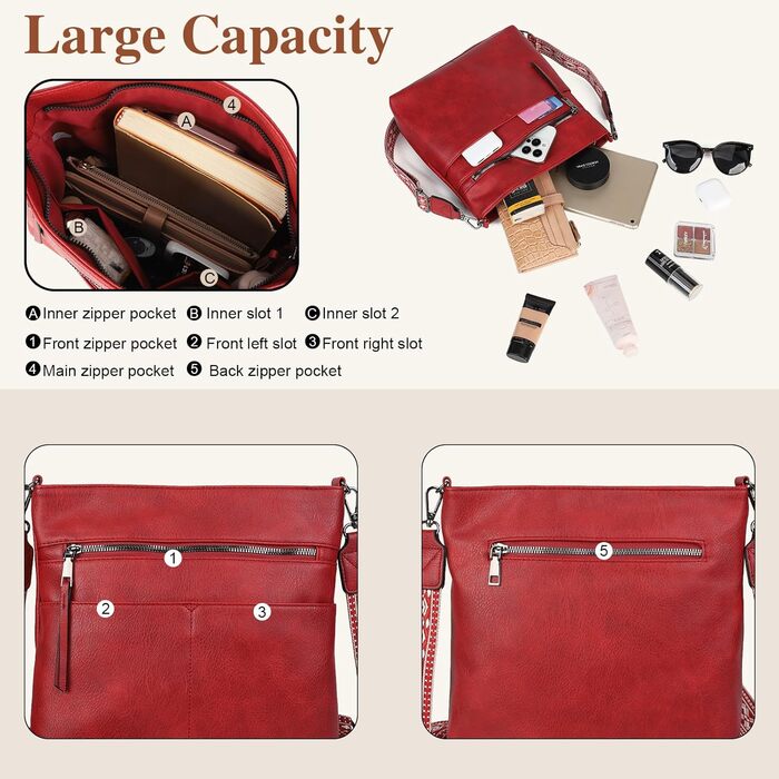 Сумка жіноча Gladdon червона шкіряна крос-боді багатофункціональна через плече середнього розміру з широким ременем