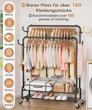 Стійка для одягу Yorbay на колесах: металева, 2 перекладини, 4 гачки, 2 полиці для зберігання, до 120 кг, 112 см (ширина)