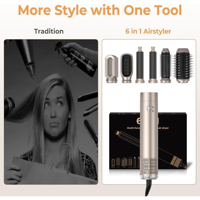 Фен-щітка 5 в 1 Airstyler Pro 1000W: стайлер для волосся, локони, об'єм, догляд, іонізація (золотий)