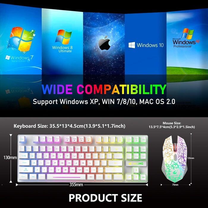 Бездротова ігрова клавіатура та миша, 87 клавіш, RGB-підсвічування, акумулятор 3800 mAh, механічний відгук, Anti-Ghosting, ергономічний дизайн, вологостійкість, RGB-миша (біла)