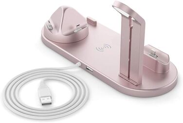 База для бездротової зарядки 6-в-1, 360° обертання, сумісна з Apple, Micro, Type-C, Qi, iWatch, AirPods, iPhone, Samsung Galaxy (рожеве золото)