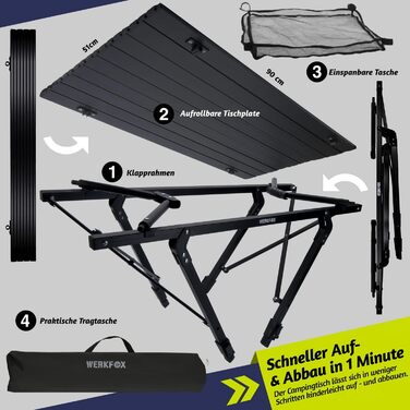 Складаний туристичний стіл Werkfox: регульована висота, 90x51 см, до 30 кг, з сумкою