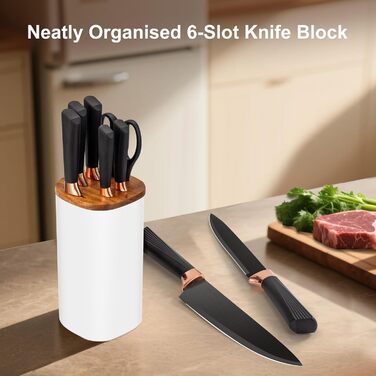 Набір ножів кухонний 6 предметів з блоком, нержавіюча сталь, білий
