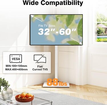Підставка для телевізора TVON на підлозі з кріпленням для більшості телевізорів 81.3 - 152.4 см (32-60 дюймів) до 40 кг, регульована по висоті підставка з дерев'яною основою, економна, підлогова підставка для телевізора білого кольору з дерев'яною основою