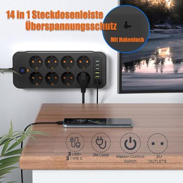 Мережевий фільтр AOUOO 8 розеток з вимикачем, 2м кабель, 3USB/3Type-c (5V/3.1A), 250V/16A, захист від перенапруги 3840W, чорний