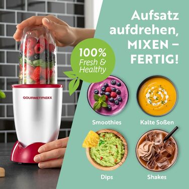 GOURMETmaxx Mr. Magic: Блендер для смузі та шейків 400W | Комплект з насадкою, чашею 500мл та кришкою To Go | Срібно-червоний | 4-в-1