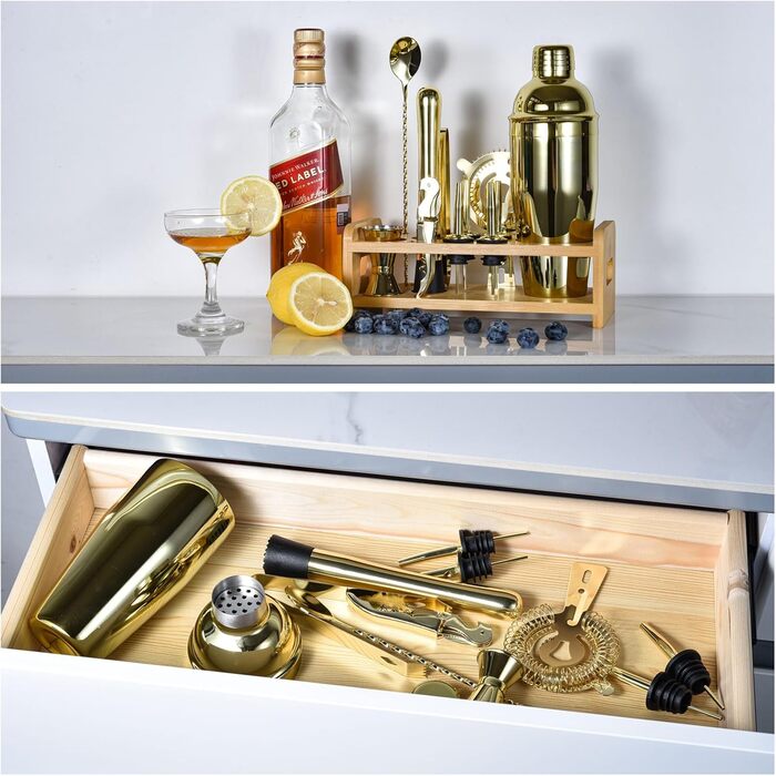 Набір шейкер для коктейлів Esmula 750 мл, 12 предметів, нержавіюча сталь, професійний барменський набір, стильний барний інструмент для дому, з рецептами коктейлів (Золотий)