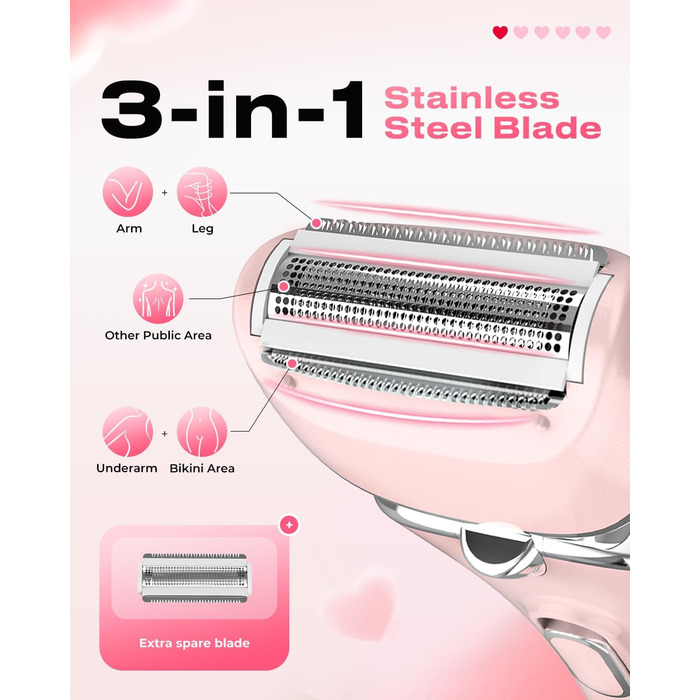 Електричний жіночий триммер для тіла: безболісне гоління ніг, бікіні та під пахв, бездротовий, акумуляторний, для мокрого та сухого використання, рожевий