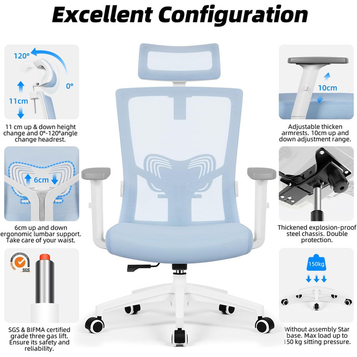 Ергономічне крісло Daccormax для офісу: регульована підголовник, підлокітники, підтримка попереку, поворотний механізм, функція гойдання, дихаюча сітка, для спини, до 150 кг (Блакитний)