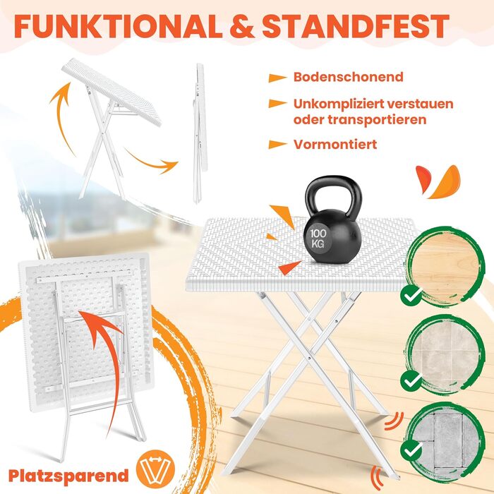 КЕССЕР® Балконний столик розкладний | Стійкий до погодних умов/УФ-стійкий | Балконні меблі з покриттям зі сталі та ротангу | Садовий стіл для вулиці | Меблі для саду з 6 фетровими підставками | Бістро-стіл витримує до 100 кг | Ротанг, білий