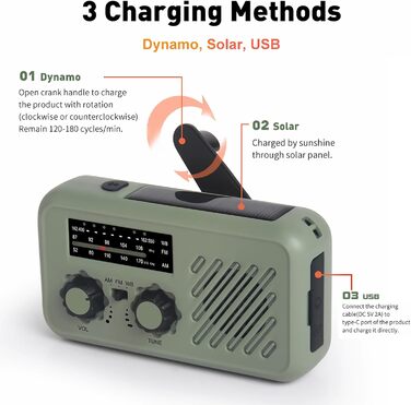 Радіо на сонячній батареї з ручним заводом та акумулятором 2000mAh, AM/FM, SOS-сигнал, ліхтарик, Power Bank, USB, для надзвичайних ситуацій