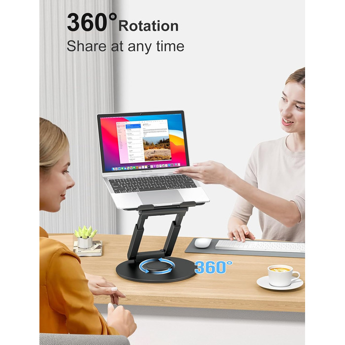 Регульована підставка для ноутбука з обертовою основою 360°, ергономічна підставка для ноутбука для столу, для MacBook Pro та ноутбуків 10–17'', чорна
