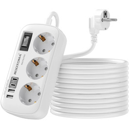 Многорозеткова станція з захистом від перенапруги, 3 розетки, 4 USB (2 USB-C), вимикач, кабель 1,5м, для дому/офісу, білий