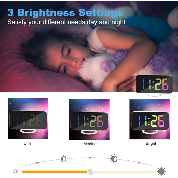 Цифровий годинник SZELAM з LED-дзеркалом 7 дюймів, 2 USB-порти, функція відкладання, автоматичне регулювання яскравості, для дому (білий)