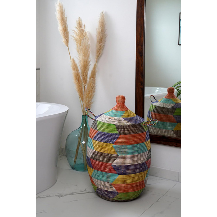 YAADU Laundry Basket with Lid 100L - XXL Laundry Collector, Large Laundry Basket, Laundry Container, Laundry Bin, Basket with Lid, Laundry Boxes, African Basket, Ubuntu Model (Colorful)