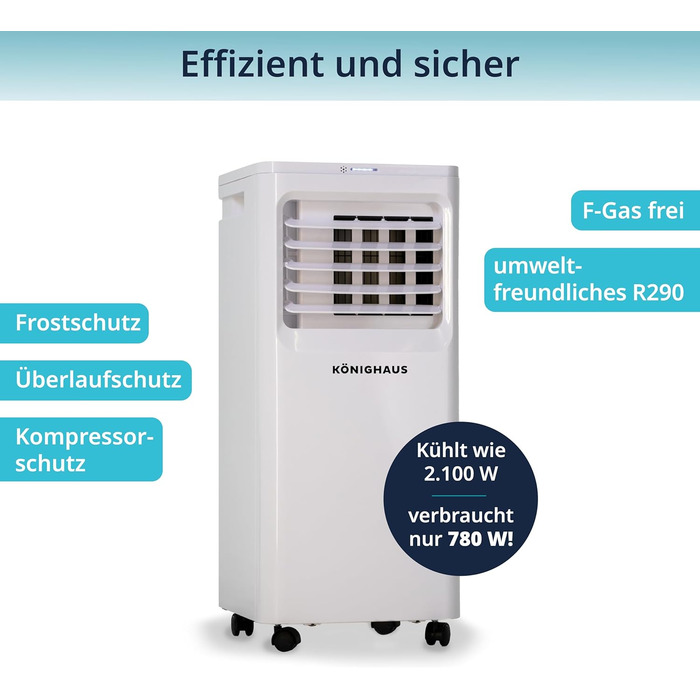 Мобільний кондиціонер Könighaus Smart | 7000 BTU (2,1 кВт) | 4-в-1: охолодження, осушувач, вентилятор, очищувач повітря | Керування через пульт та Alexa