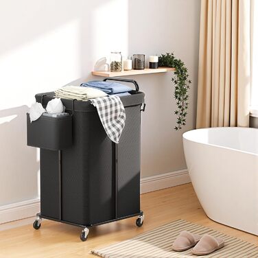 Bomclap Laundry Basket with Wheels, 150L Large Laundry Collector with an 8L Storage Basket, 2-Piece Metal Frame Laundry Basket with Handle for Laundry Room, Dorm, Bathroom, Bedroom, Black