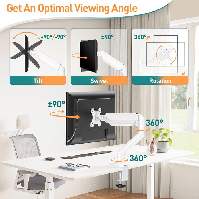 Кріплення для монітора ELIVED EV004W: газ-амортизатор, регулювання висоти, нахил, поворот, VESA 75/100mm (13-32 дюйми)