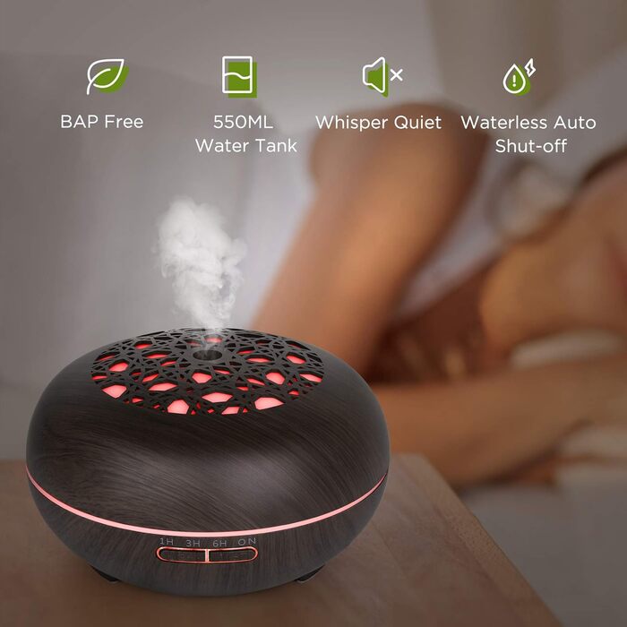 Аромадифузор WD&CD 550 мл з пульт дистанційного керування, ультразвуковий зволожувач повітря, дифузор для ефірних олій, 7 кольорів LED, автоматичне відключення - білий (темно-коричневий)